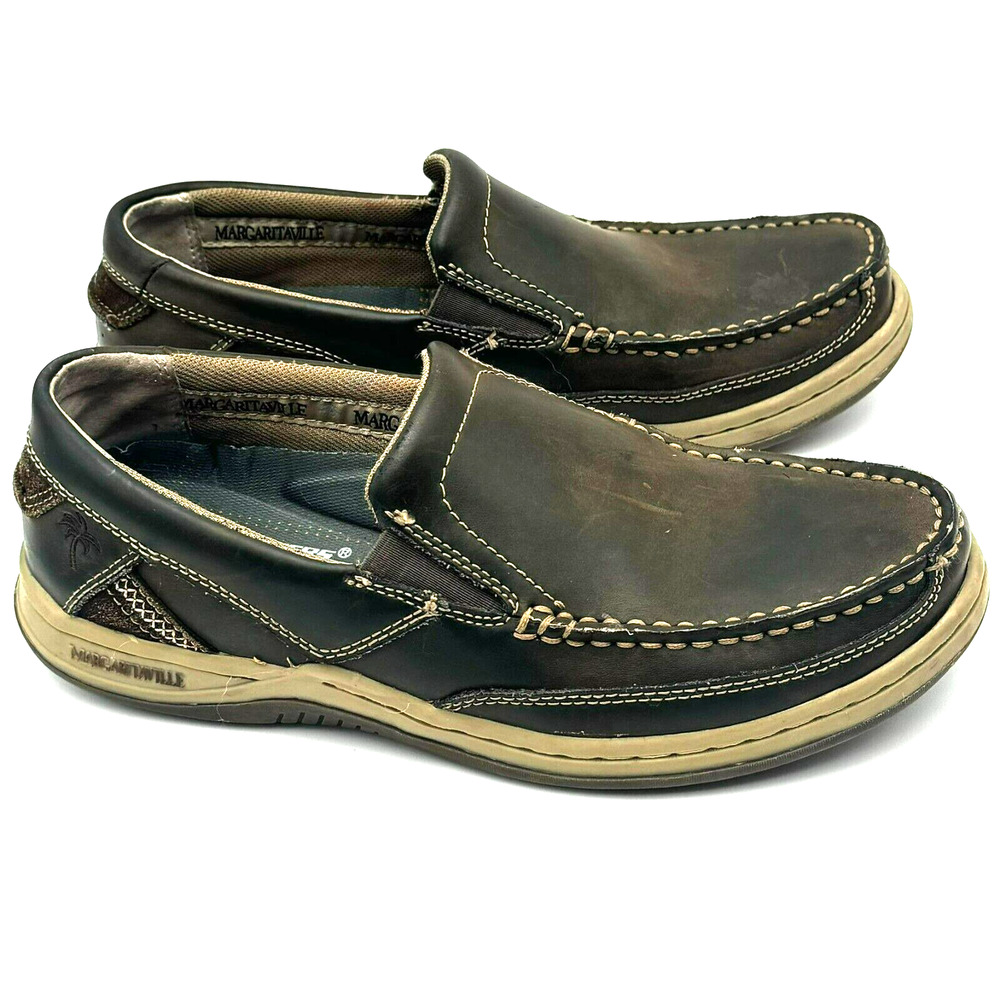 MARGARITAVILLE Men's 8 Brown Leather Slip On Boat Shoes Loafers Skechers Insoles